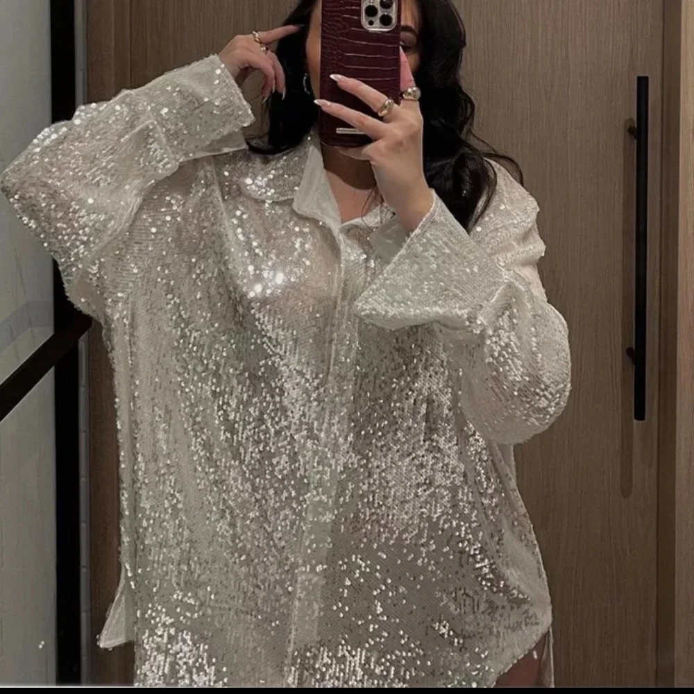 🎉New Sparkle & Shine Silver Long Sleeve Sequined Glitter Sheer Button Up Top - Picture 9 of 11